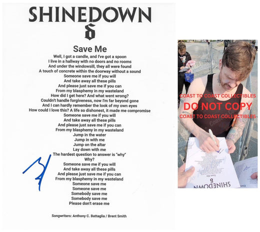 Brent Smith Signed Shinedown Save Me Lyrics Sheet COA Proof Autographed