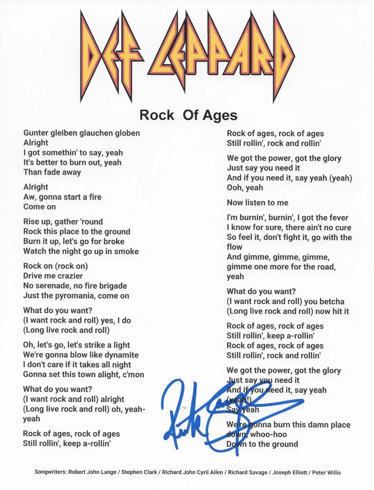 Rick Savage Signed Def Leppard Rock of Ages Lyrics Sheet COA Proof Autographed