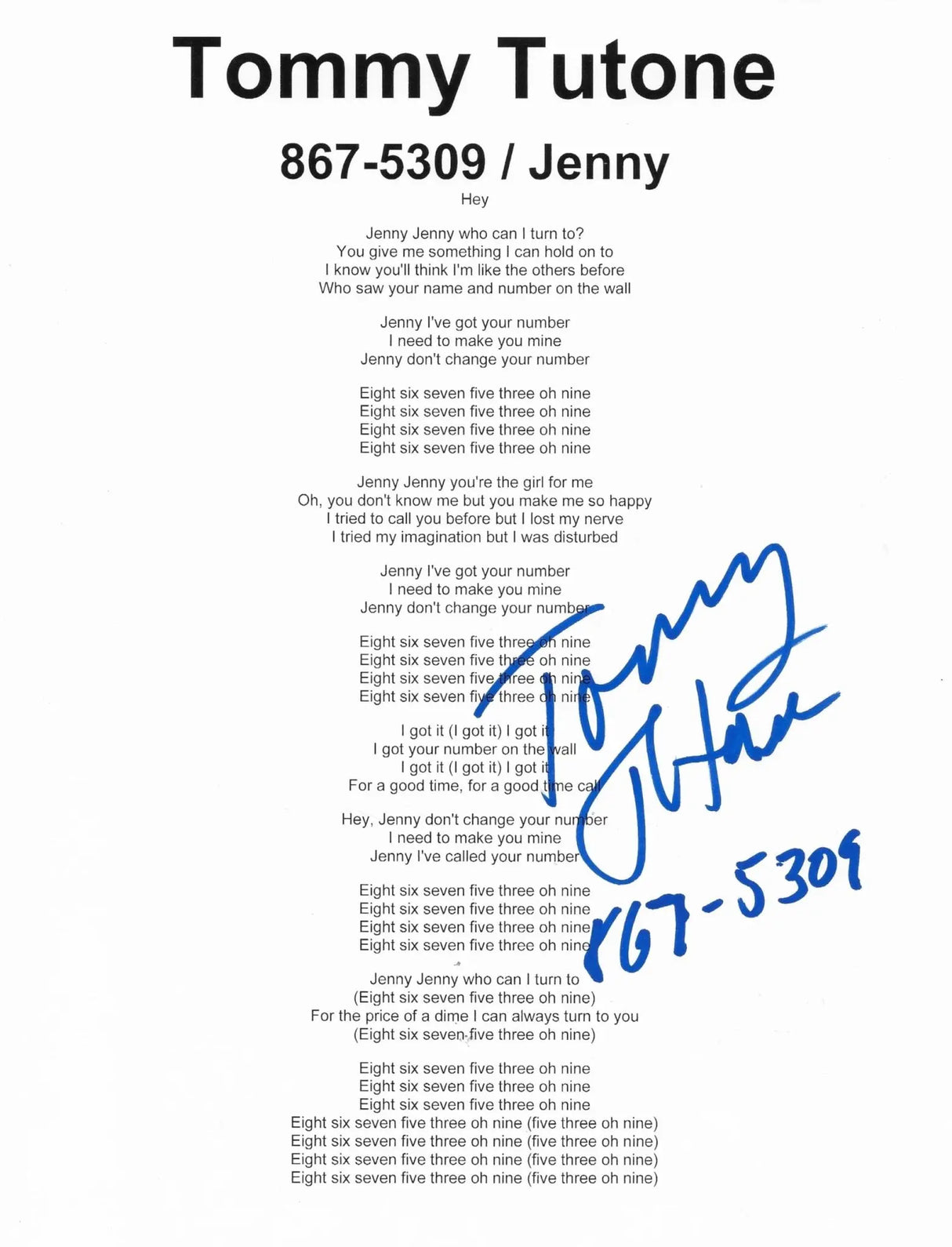 Tommy Tutone Signed 867 5309 Jenny Lyrics Sheet COA Exact Proof Autographed
