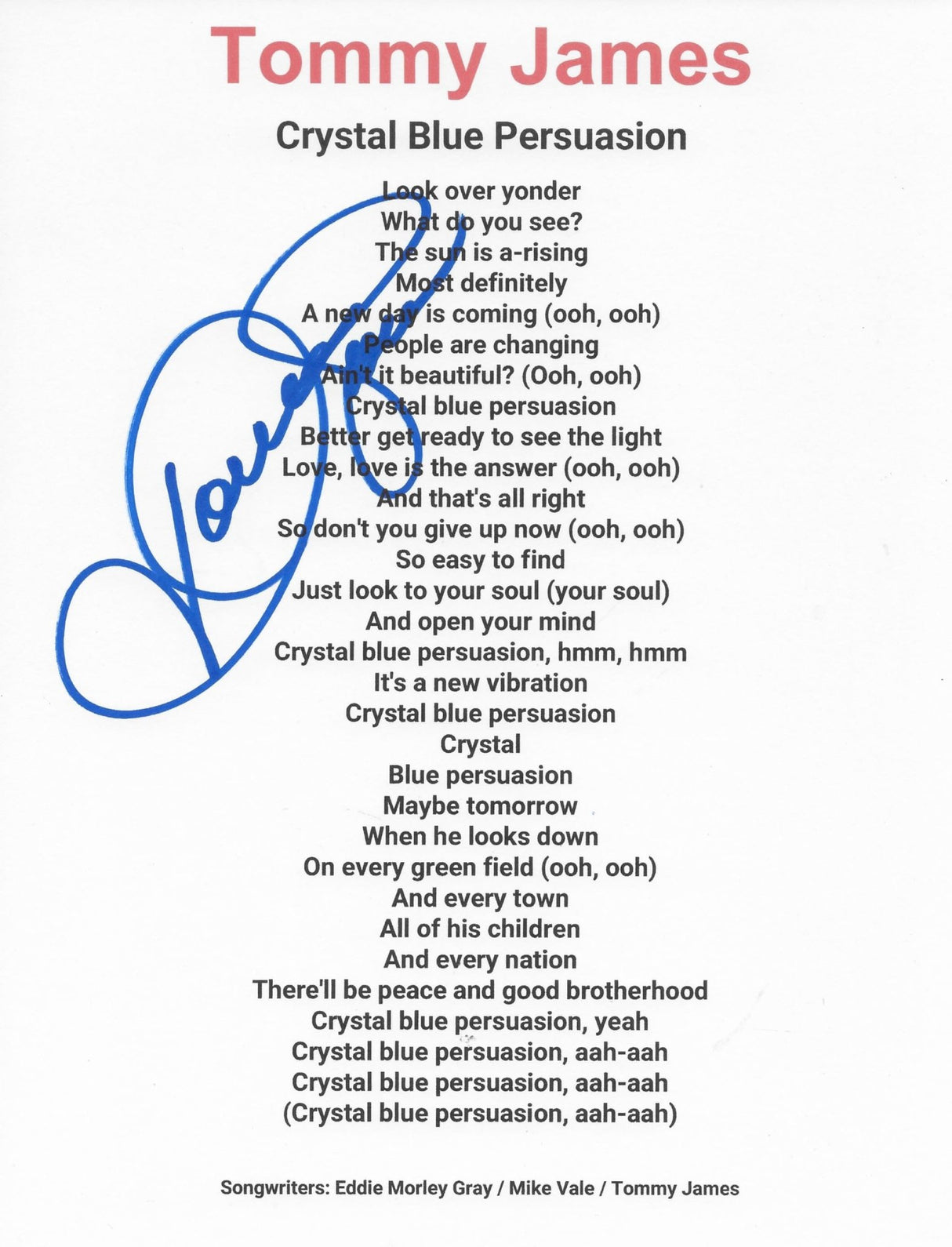 Tommy James Signed Crystal Blue Persuasion Lyrics Sheet COA Proof Autographed