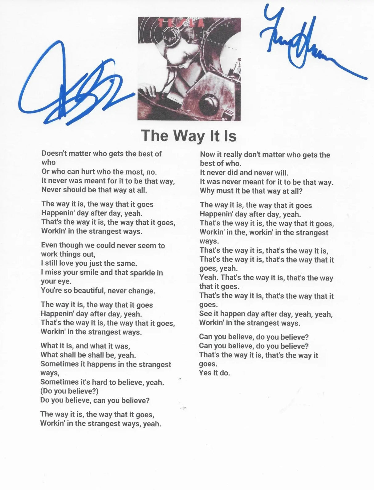 Jeff Keith & Frank Hannon Signed Tesla The Way It Is Lyrics Sheet COA Proof Autographed