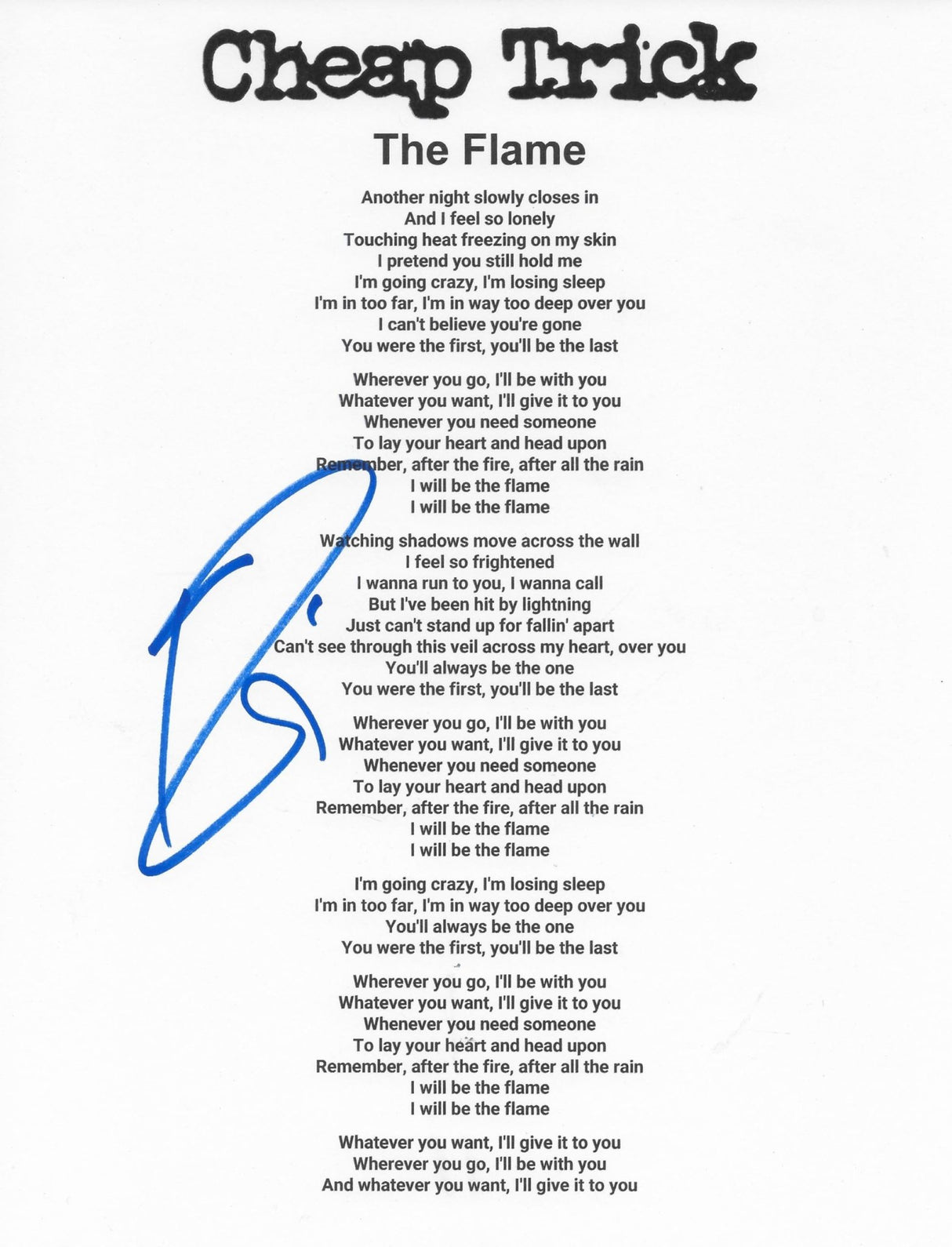 Robin Zander Signed The Flame Lyrics Sheet COA Proof Autographed Cheap Trick