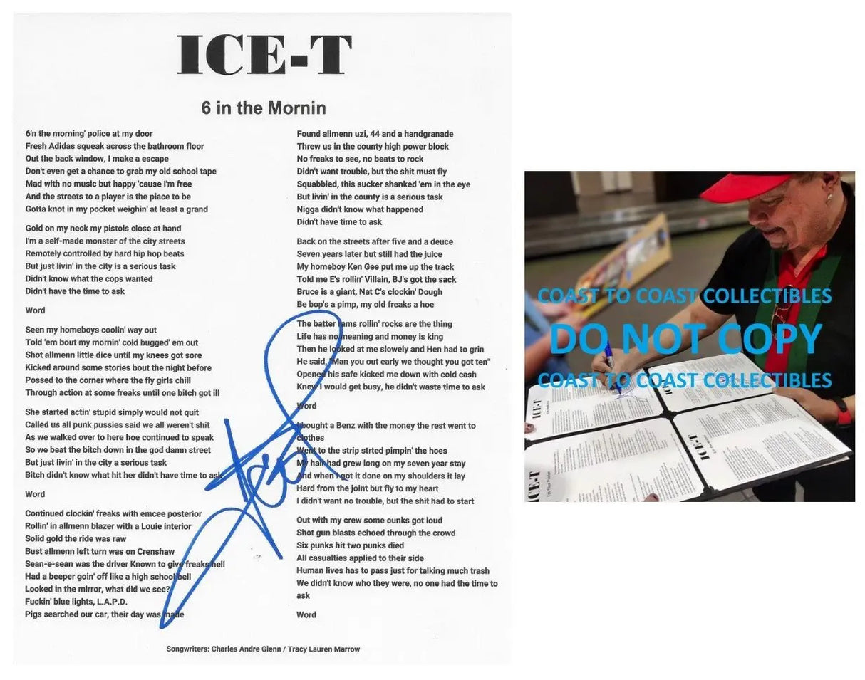 Ice T Signed 6 in the Mornin' Lyrics Sheet COA Exact Proof Autographed Body Count