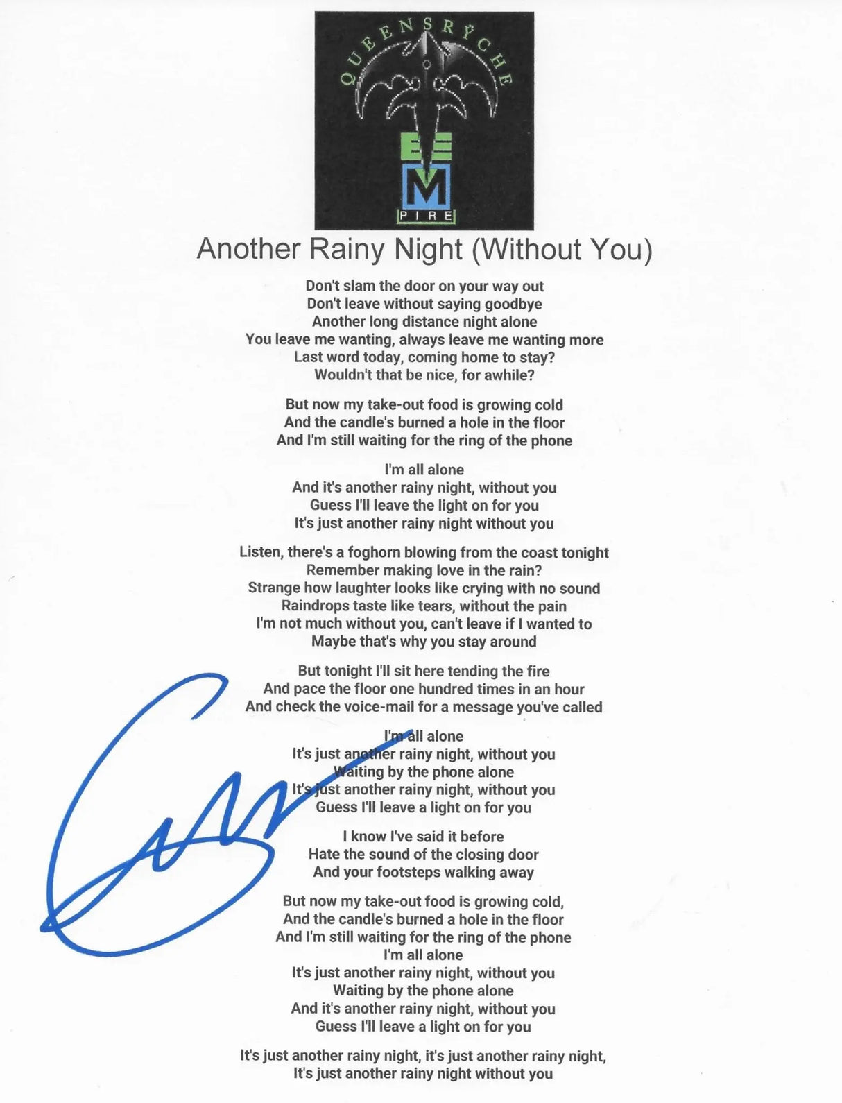 Geoff Tate Signed Queensryche Another Rainy Night Without you Lyrics sheet COA Proof