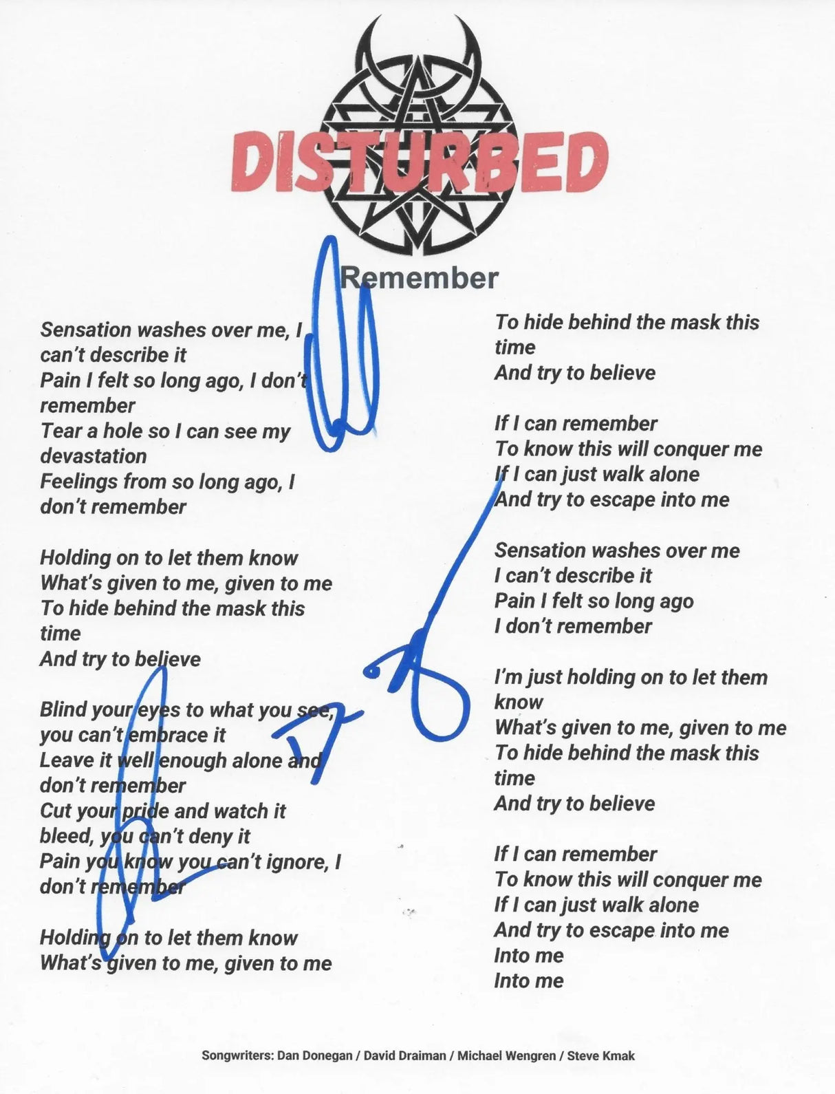 Disturbed Band Signed Remember Lyrics Sheet COA Proof Autographed