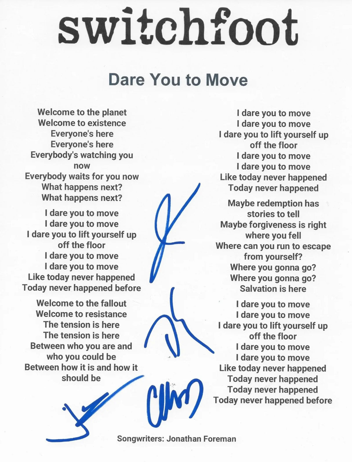 Switchfoot Band Signed Dare You To Move Lyrics Sheet COA Proof Autographed Jon Foreman Tim Forman Chad Foreman Jerome Fontamillas