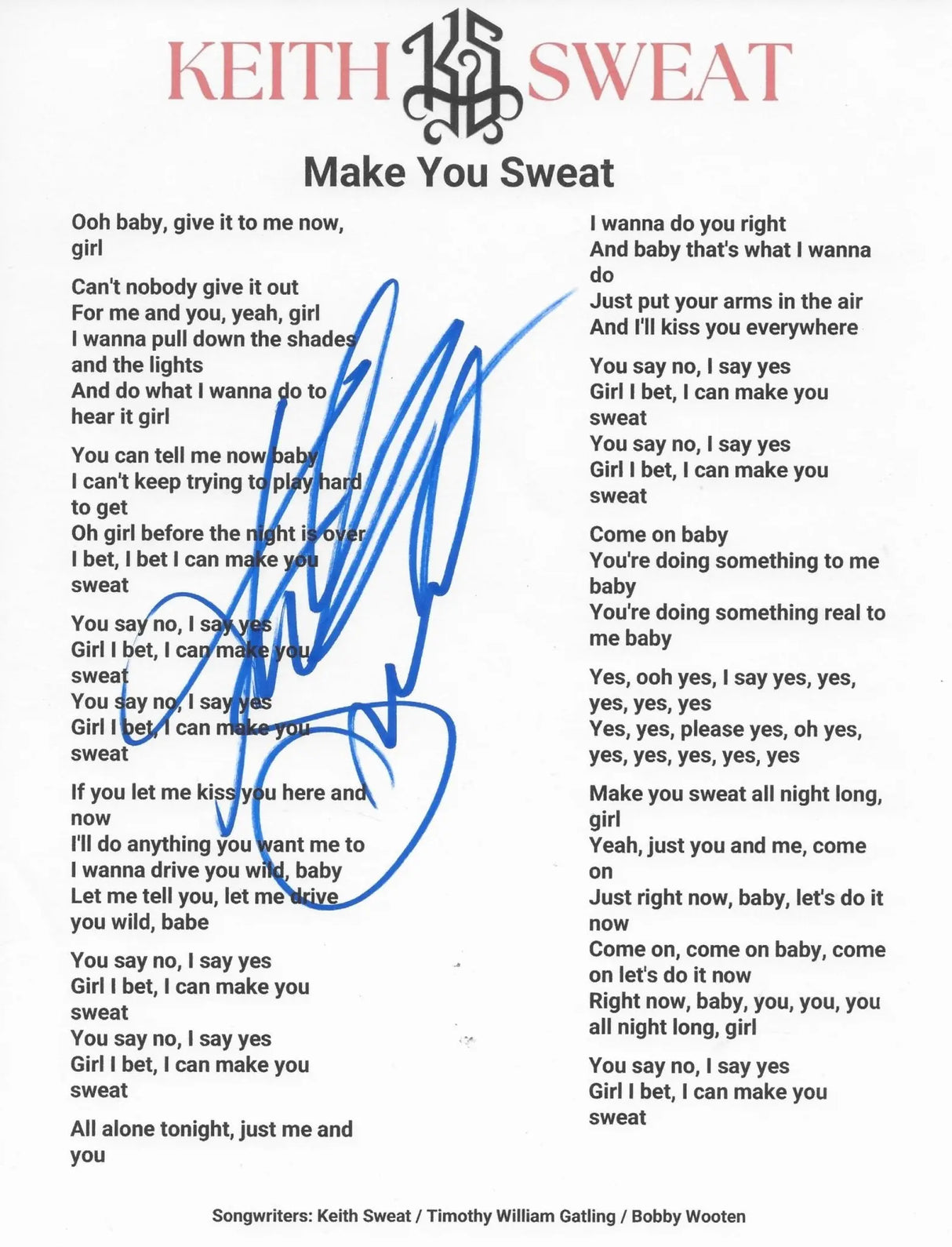 Keith Sweat Signed Make You Sweat Lyrics Sheet COA Exact Proof Autographed STAR