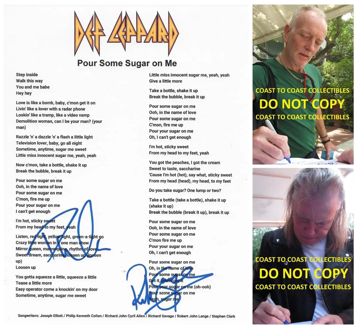 Rick Savage & Phil Collen Signed Def Leppard Pour Some Sugar on Me Lyrics Sheet COA Proof Autographed