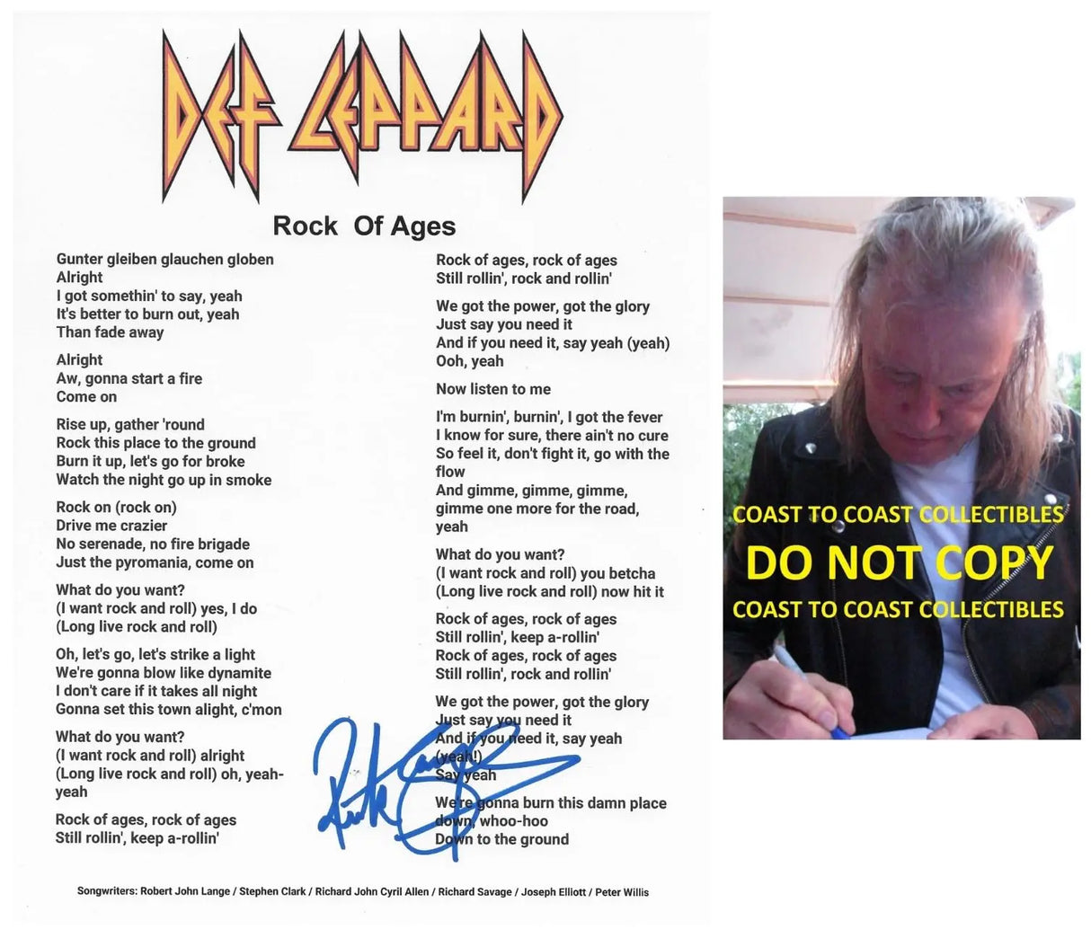 Rick Savage Signed Def Leppard Rock of Ages Lyrics Sheet COA Proof Autographed