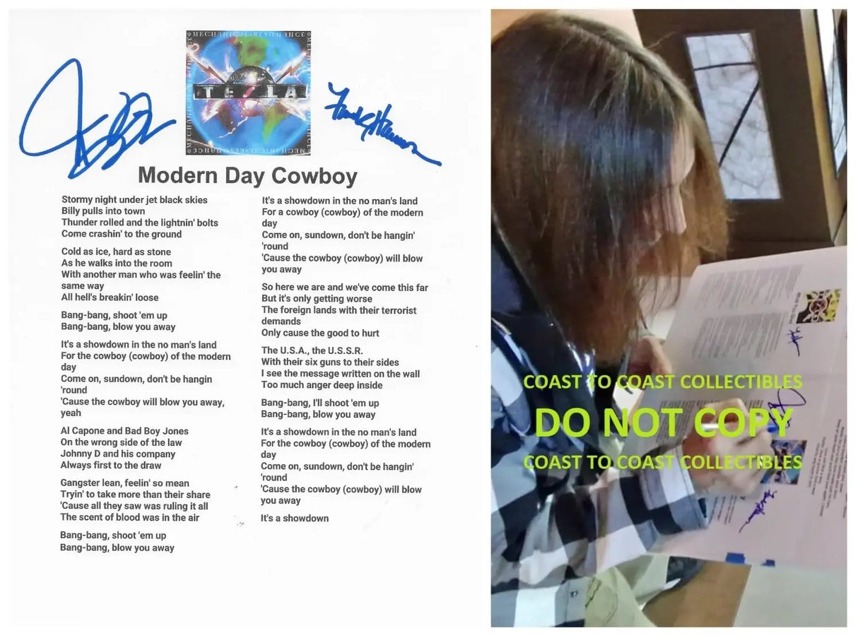 Jeff Keith & Frank Hannon Signed Tesla Modern Day Cowboy Lyrics Sheet COA Proof Autographed
