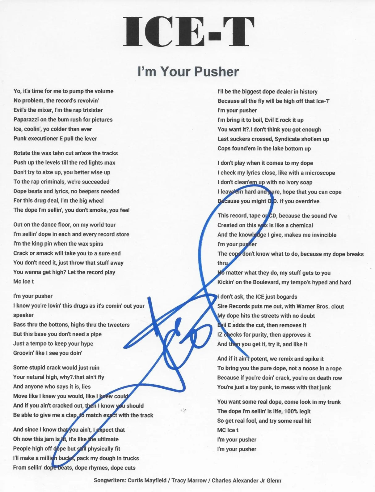 Ice T Signed I'm Your Pusher Lyrics Sheet COA Exact Proof Autographed Body Count