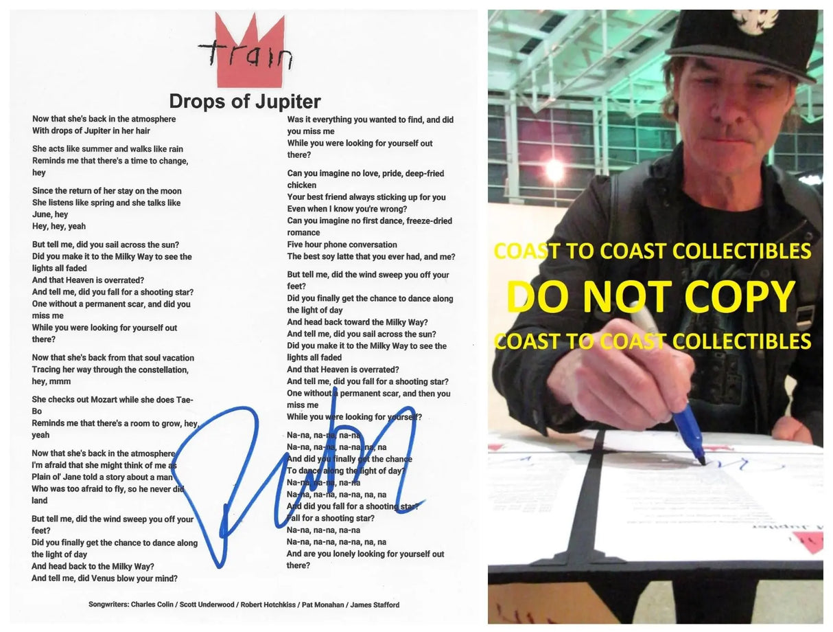 Pat Monahan Signed Train Drops of Jupiter Lyrics Sheet Exact Proof COA Autographed STAR