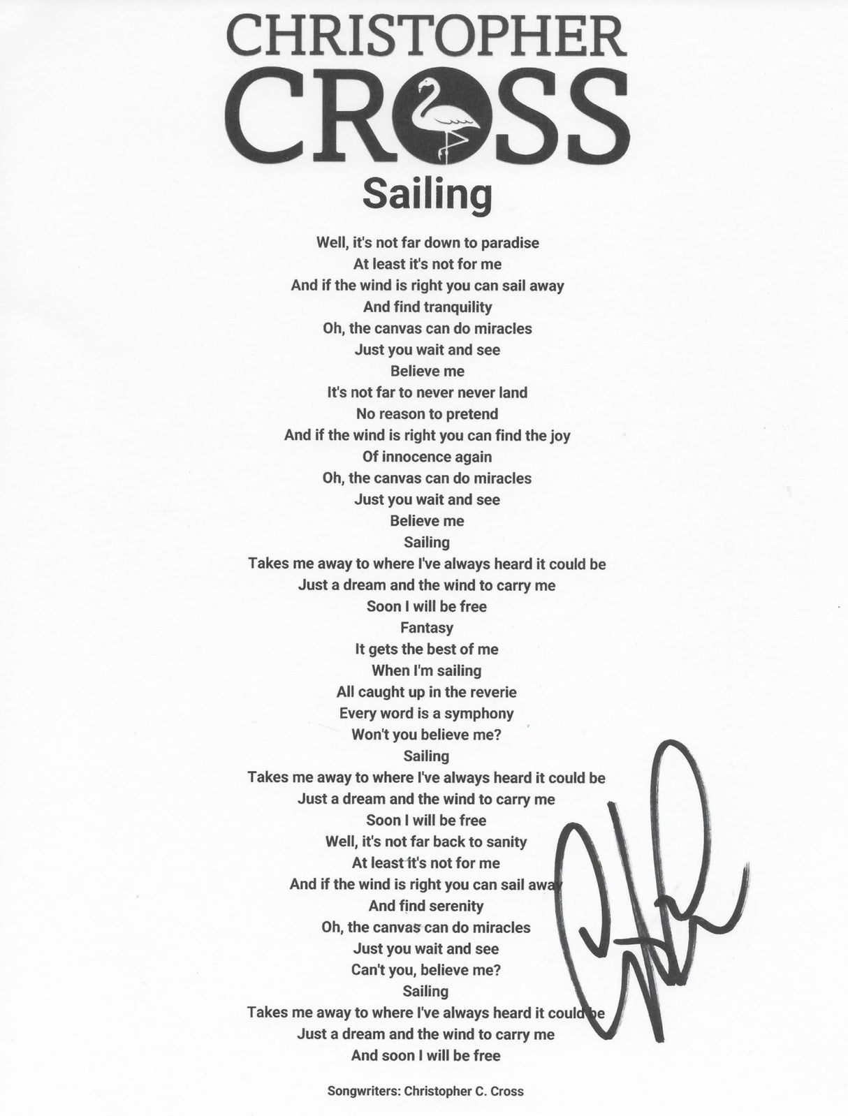 Christopher Cross Signed Sailing Lyrics Sheet COA Exact Proof Autographed