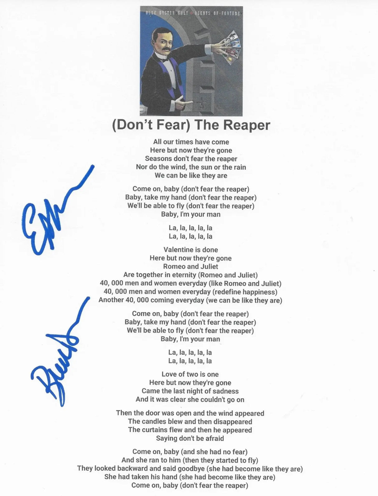 Dharma,Bloom signed Blue Oyster Cult Dont Fear The Reaper Lyrics sheet COA Proof STAR