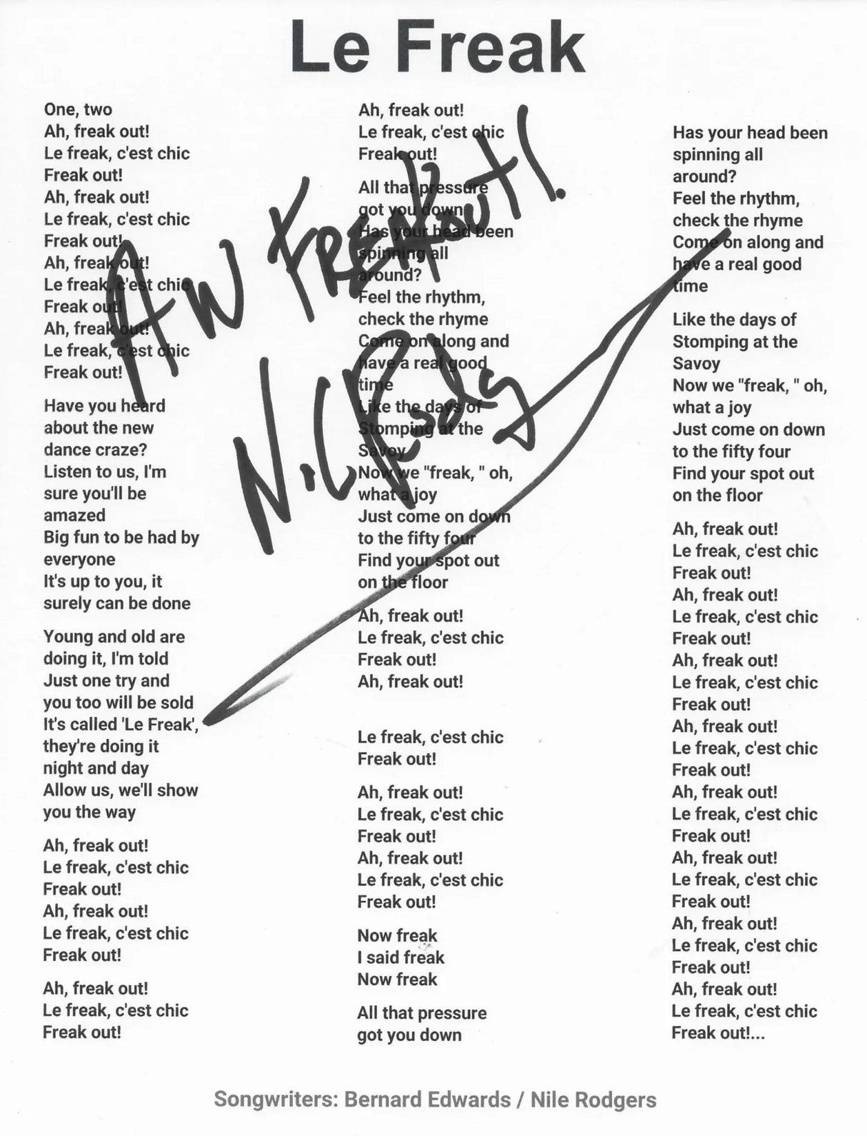 Nile Rodgers Signed Le Freak Lyrics Sheet COA Proof Autographed Aw Freakout! STAR