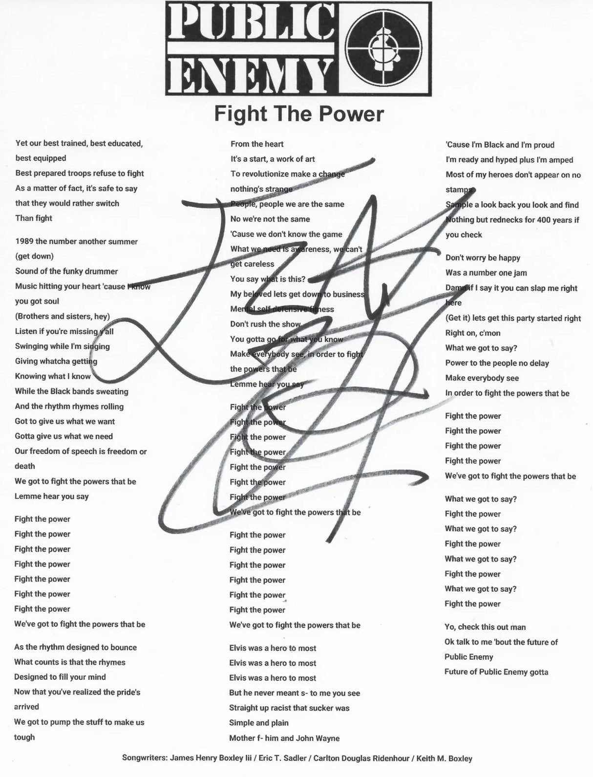 Flavor Flav Signed Public Enemy Fight The Power Lyrics Sheet Proof Autographed Public Enemy Hip Hop Rapper