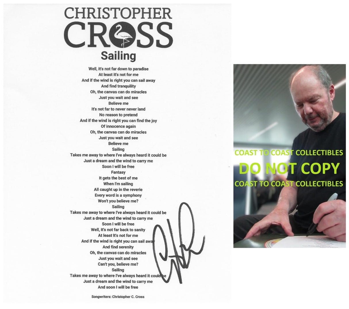 Christopher Cross Signed Sailing Lyrics Sheet COA Exact Proof Autographed