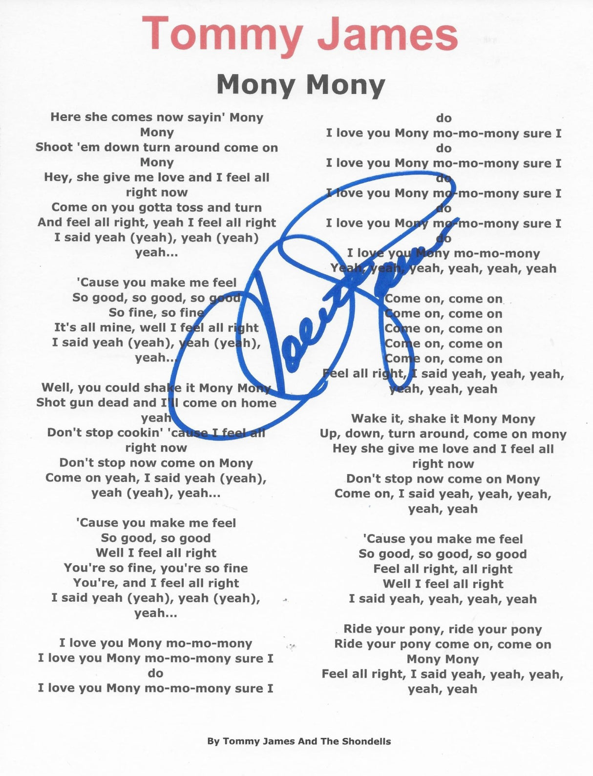 Tommy James Signed Mony Mony Lyrics Sheet COA Exact Proof Autographed