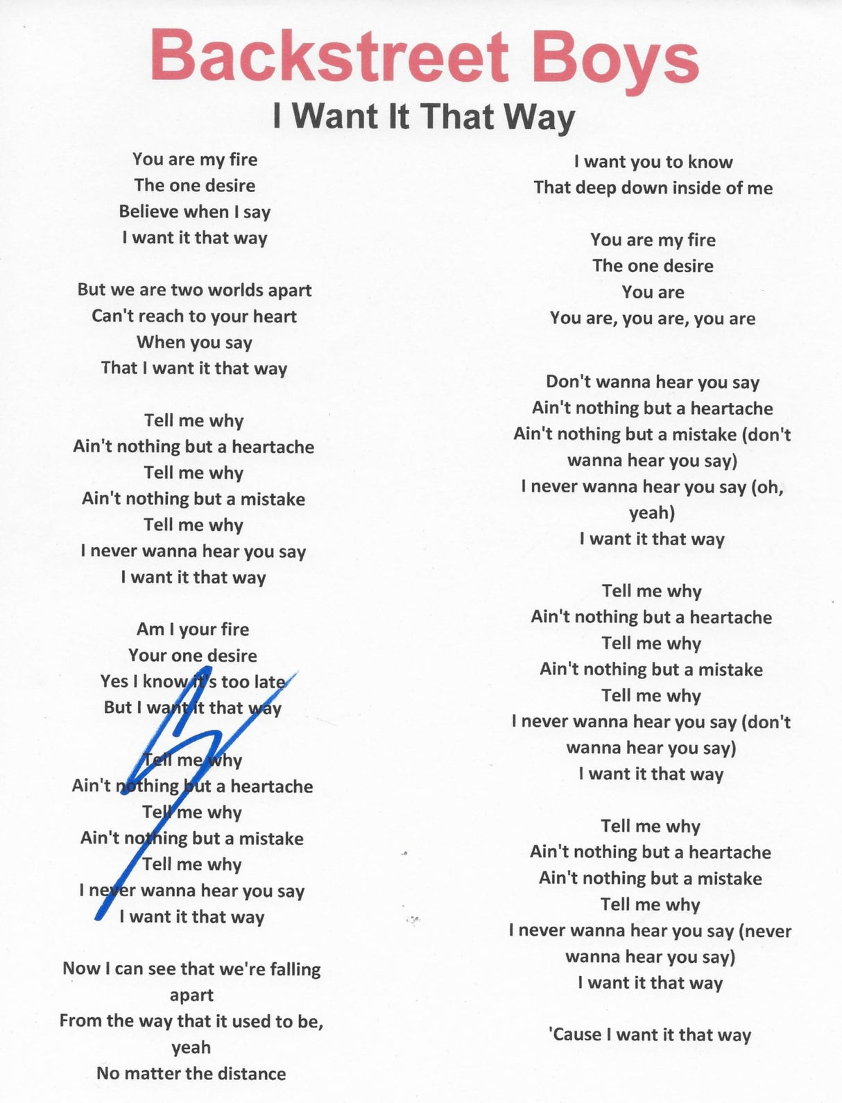AJ McLean Signed Backstreet Boys Lyrics Sheet COA Exact Proof Autographed