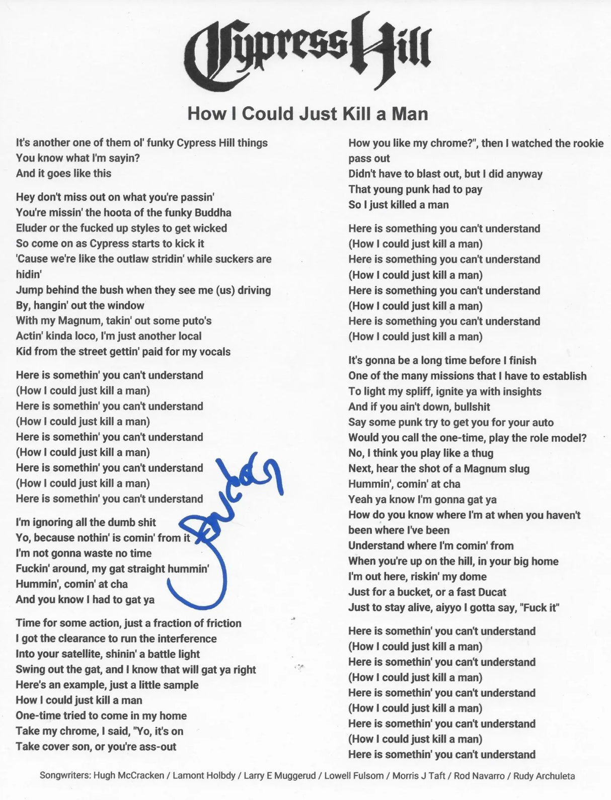 Sen Dog Signed Cypres Hill How I Could Just Kill a Man Lyrics Sheet COA Proof Autographed