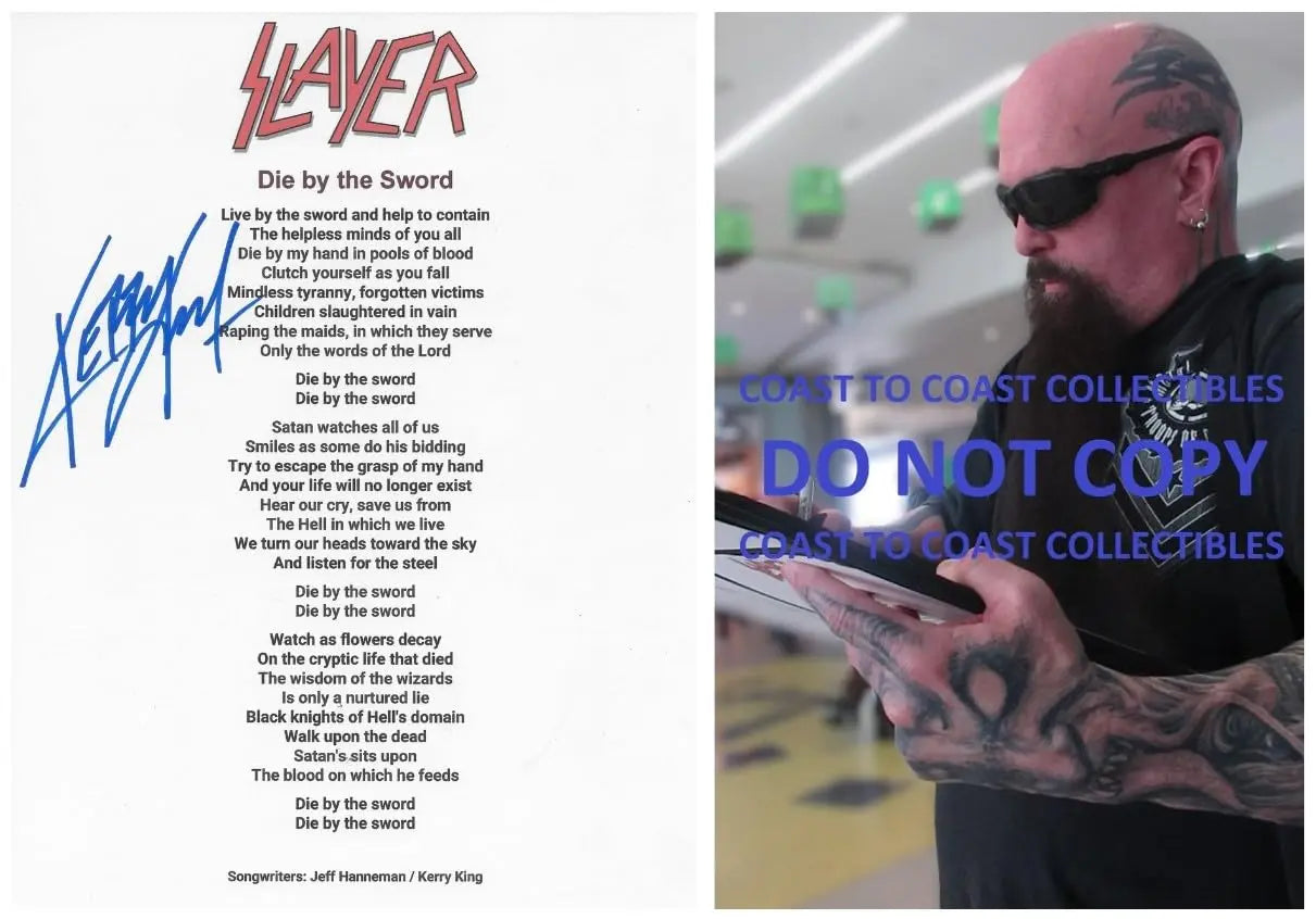 Kerry King Signed Slayer Die By The Sword Lyrics Sheet COA Exact Proof Autographed