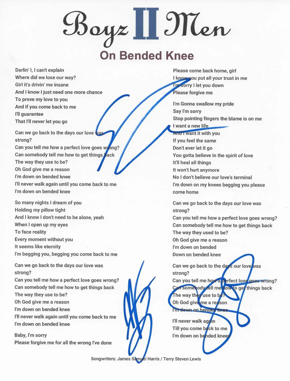 Boyz II Men Signed On Bended Knee Lyrics Sheet COA Exact Proof Autographed STAR