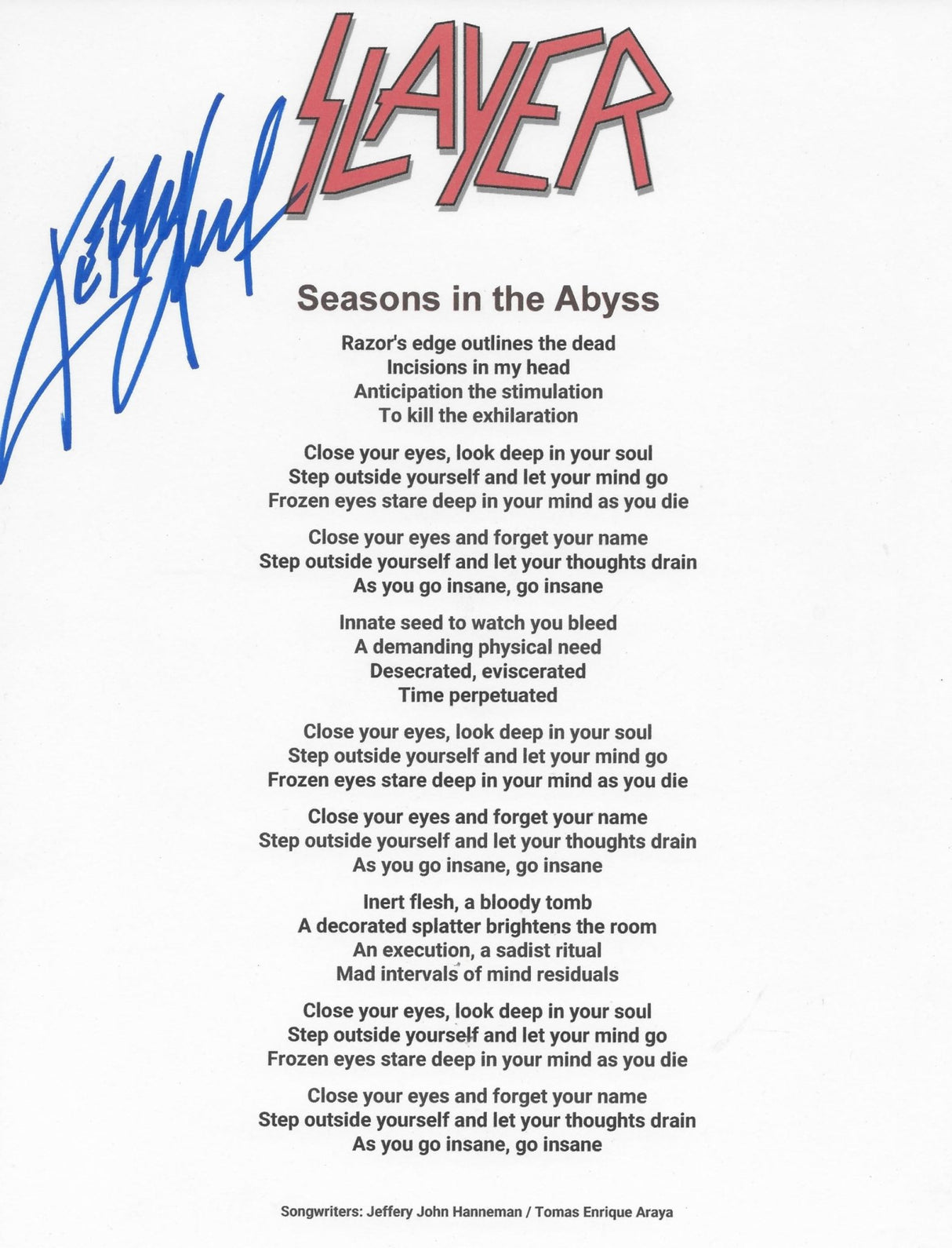 Kerry King Signed Slayer Seasons in The Abyss Lyrics Sheet COA Exact Proof Autographed
