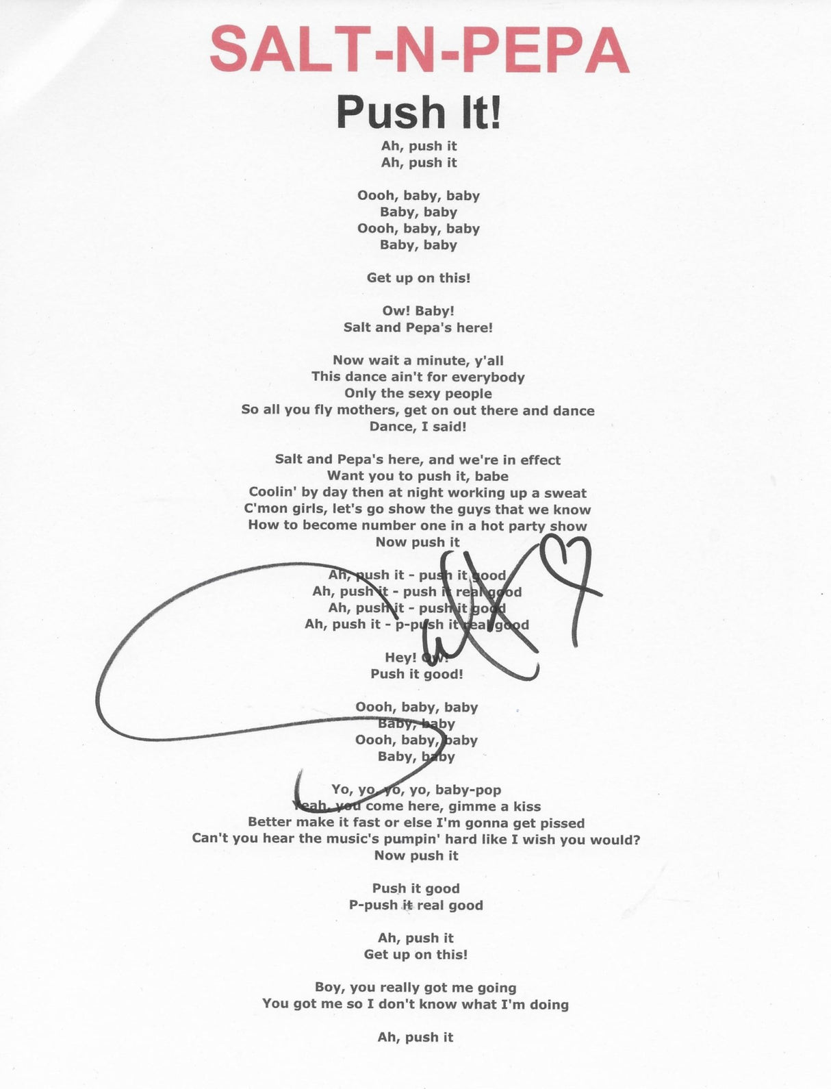 Salt Signed Salt - N - Pepa Push it Lyric Sheet COA Exact Proof Autographed