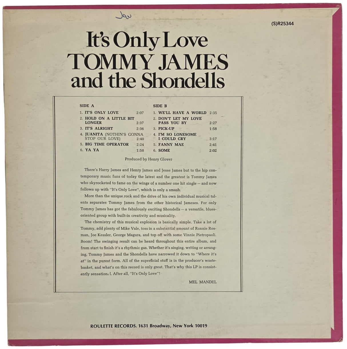 Tommy James Signed It's Only Love Album COA Exact Proof Autographed Vinyl Record