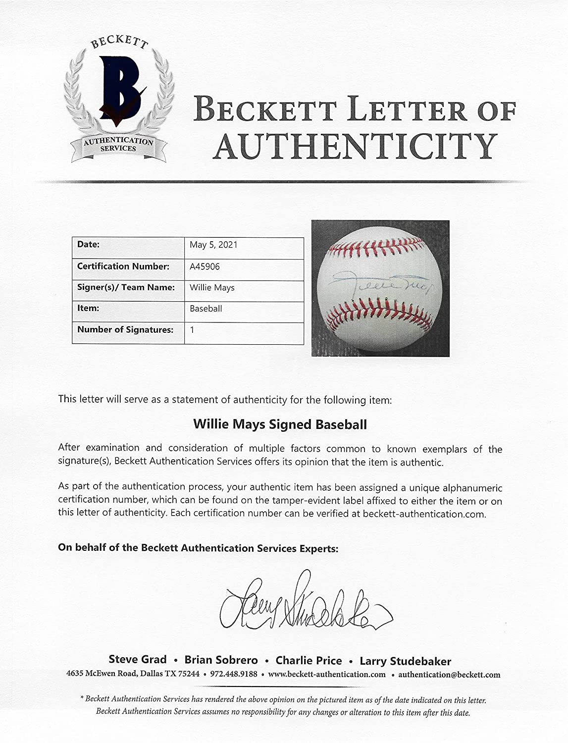 Willie Mays Signed NL Baseball Beckett COA Letter San Francisco Giants Autographed Coast to Coast Collectibles