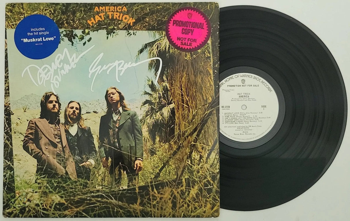 Dewey Bunnell Gerry Beckley signed America Hat Trick album vinyl record COA proof STAR