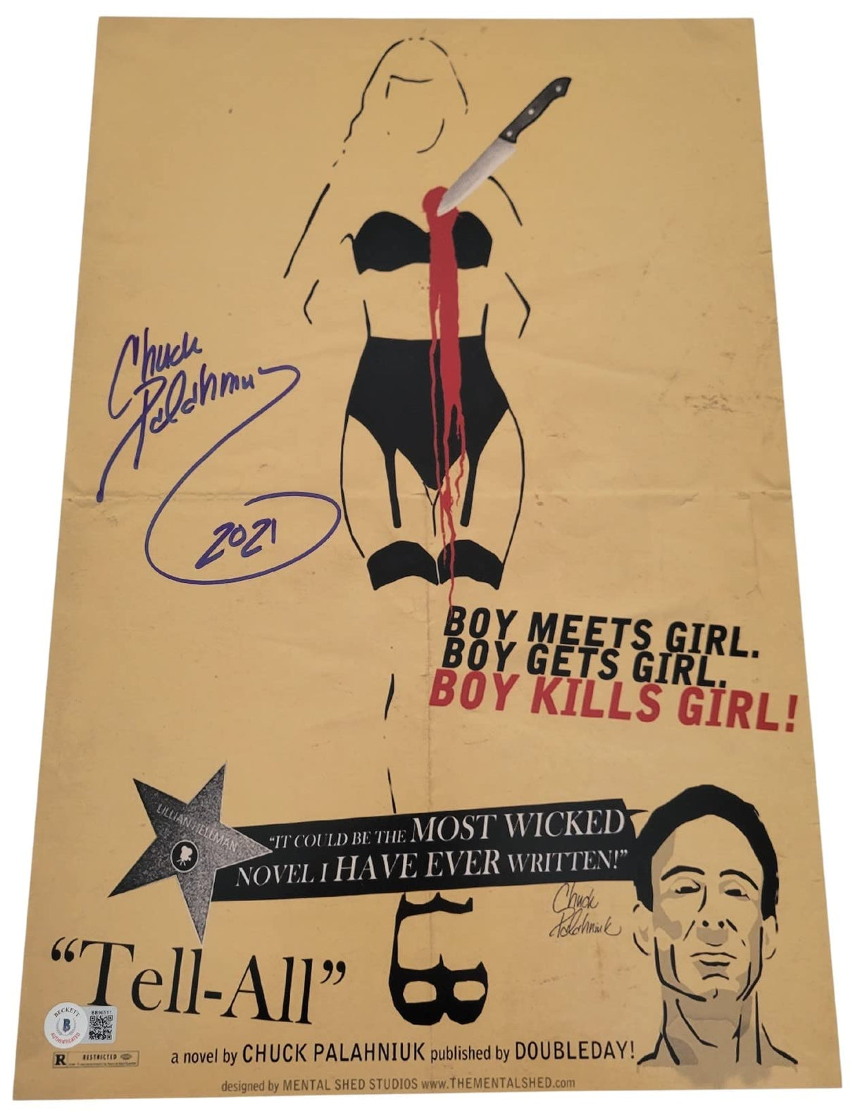 Chuck Palahniuk signed 12x18 Tell All movie poster photo Beckett COA exact proof. STAR