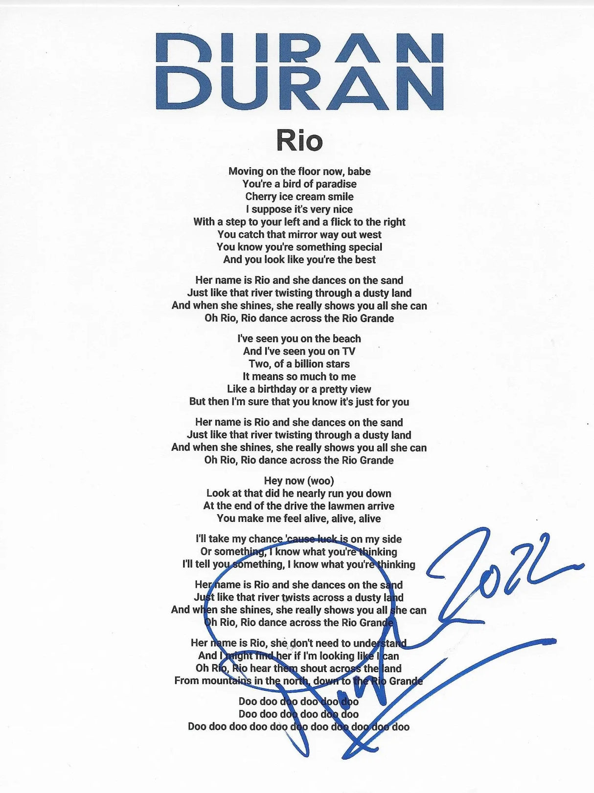 Roger Taylor drummer signed Duran Duran Rio Lyrics sheet COA proof autographed STAR