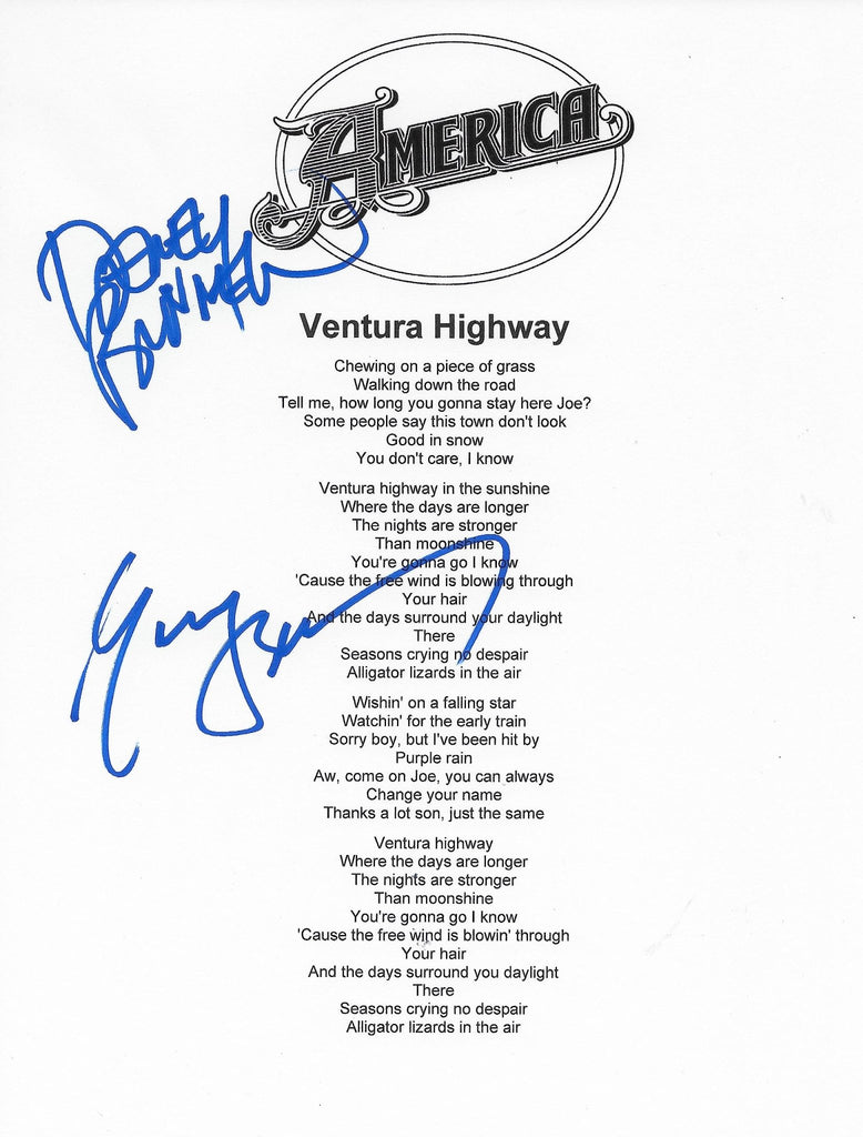 Dewey Bunnell Gerry Beckley signed America Ventura Highway Lyrics sheet COA Proof STAR