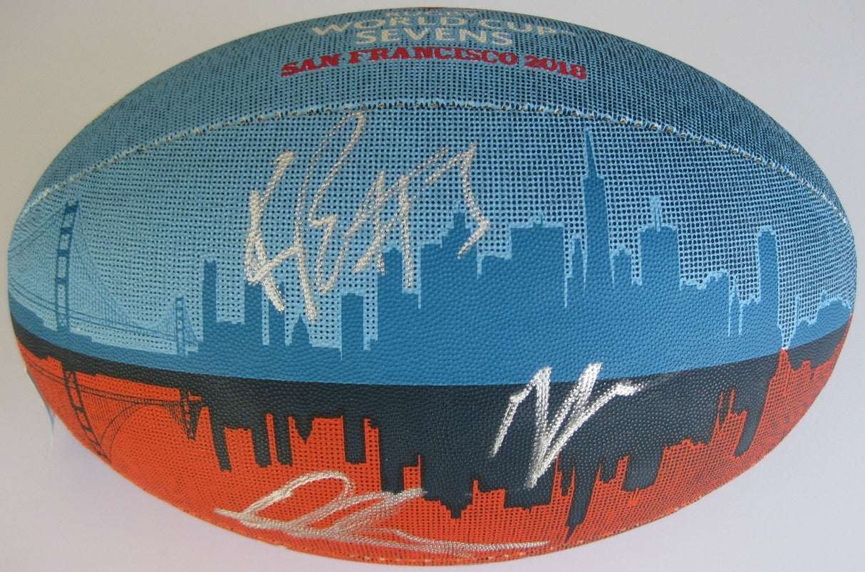2018 England National 7's team signed, autographed San Francisco World Cup Rugby logo ball & Proof