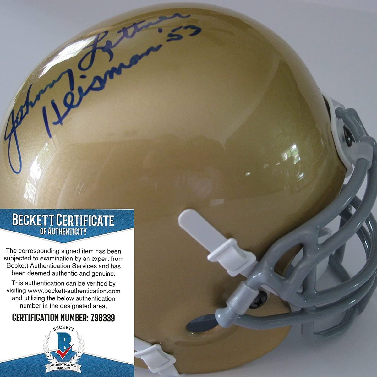 Johnny Lattner 1953 Heisman signed Notre Dame fighting Irish mini