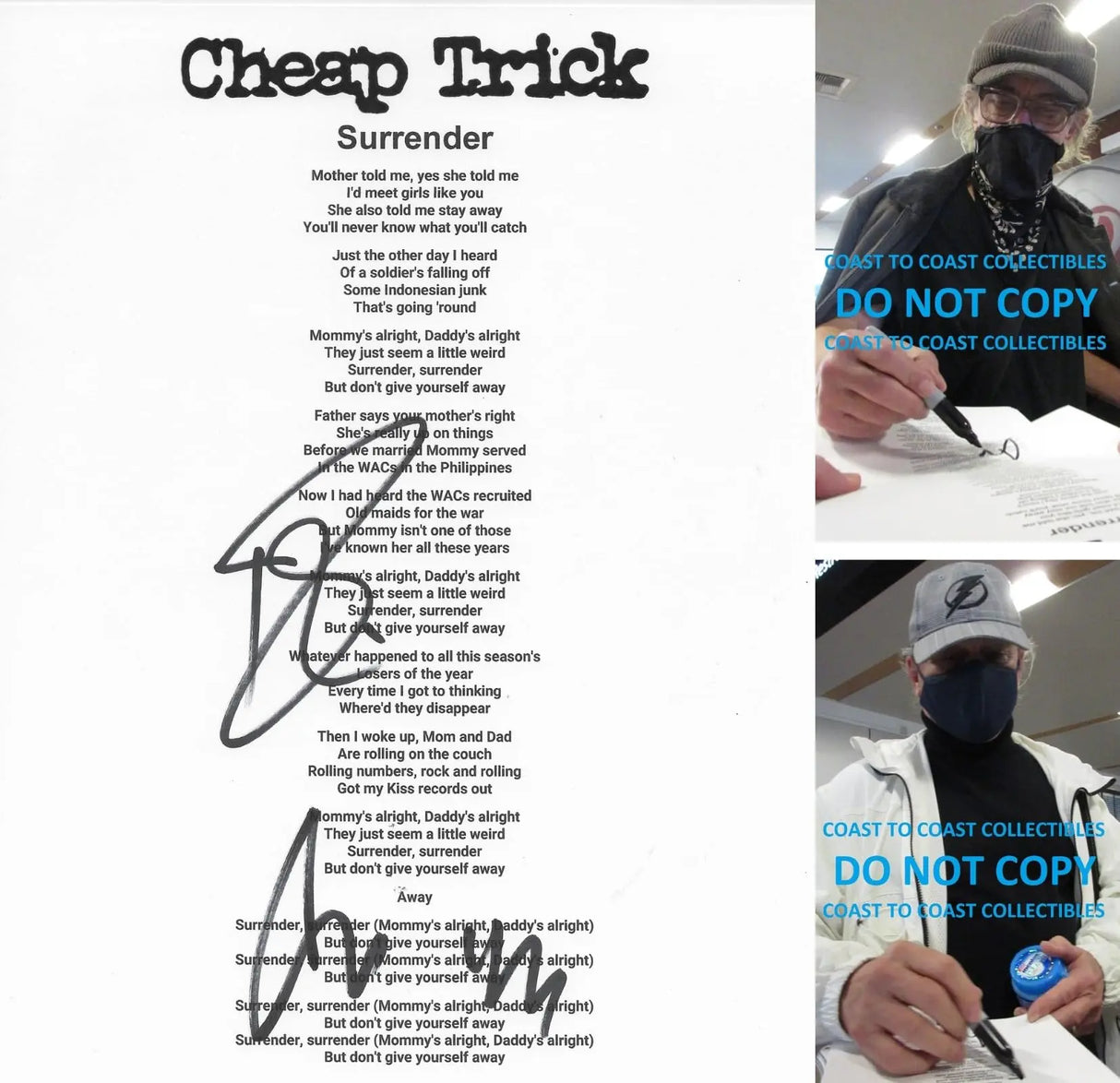 Robin Zander & Tom Petersson signed Cheap Tric Surrender Lyrics sheet COA Proof star