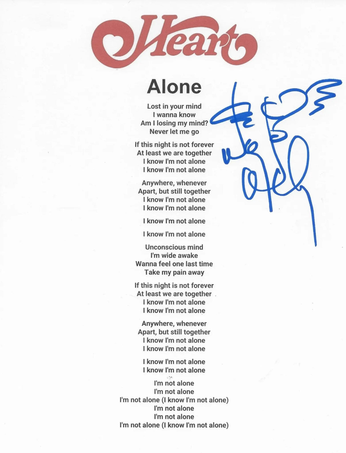 Nancy Wilson Signed Heart Alone Lyrics Sheet Proof COA Autographed Star