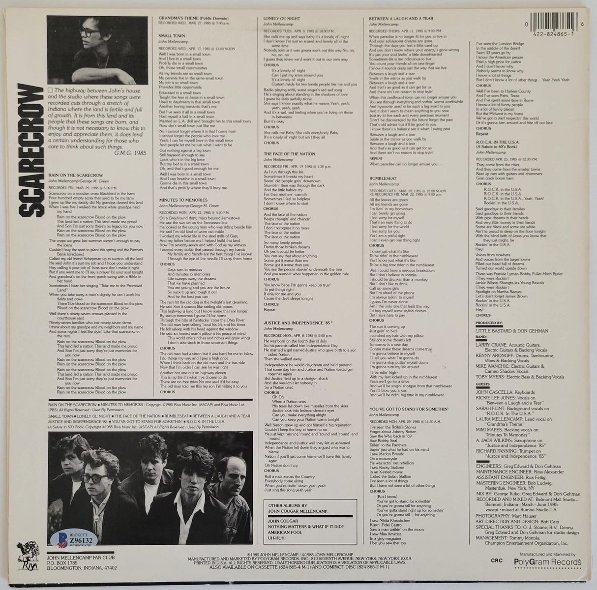 John Cougar Mellencamp signed Scarecrow album vinyl record proof Beckett COA STAR