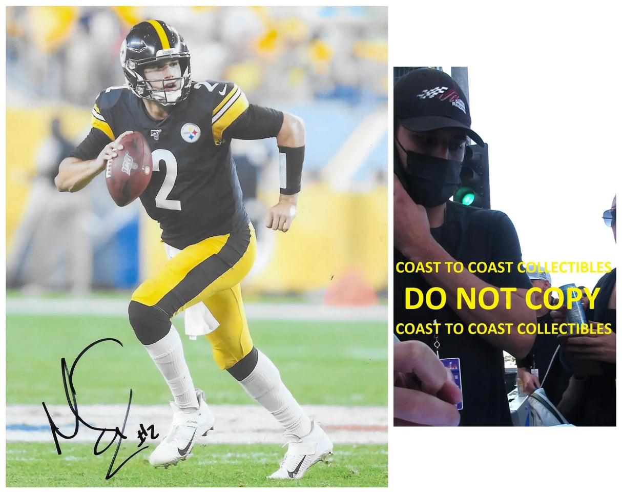 Mason Rudolph signed Pittsburgh Steelers football 8x10 photo Proof COA autographed.