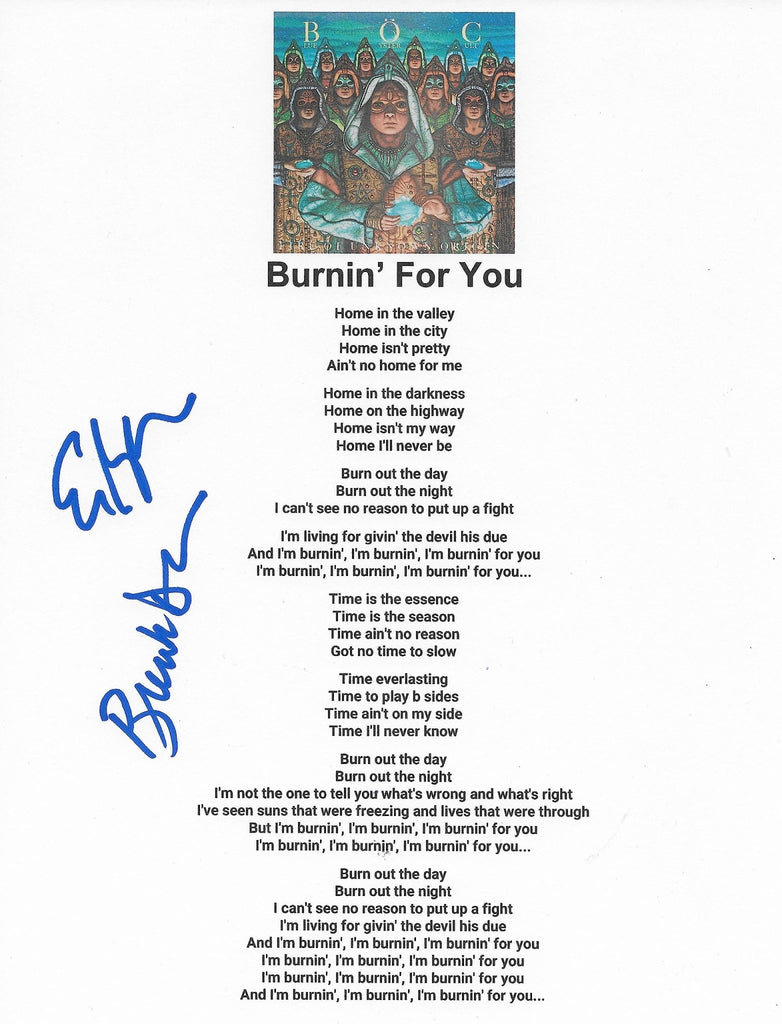 Dharma,Bloom signed Blue Oyster Cult Burnin For You Lyrics sheet COA Proof STAR