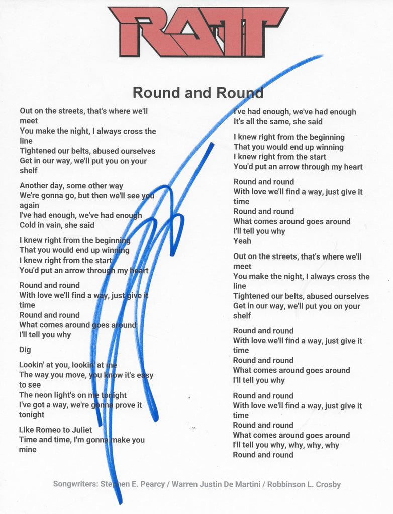 Stephen Pearcy Signed Ratt Round and Round Lyrics Sheet Proof COA Autographed