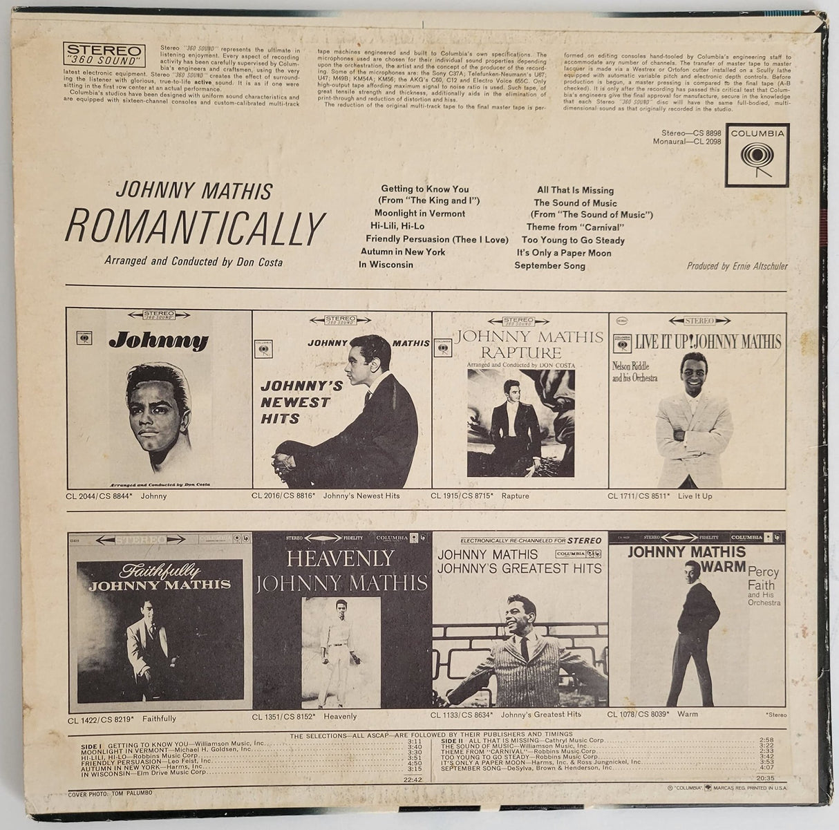 Johnny Mathis signed Romantically album, vinyl COA exact proof autographed STAR