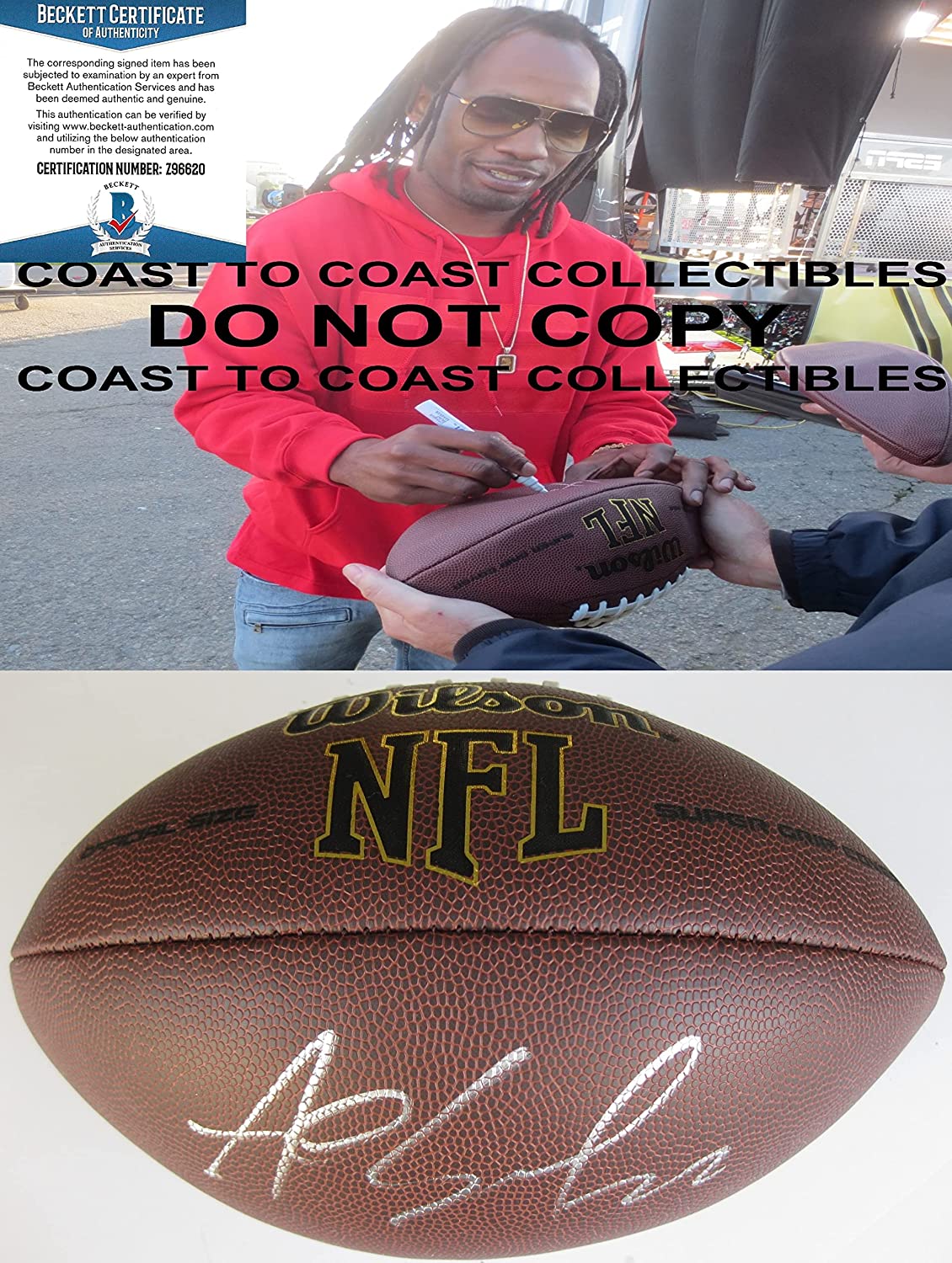 Asante Samuel New England Patriots Eagles signed NFL football proof Beckett COA