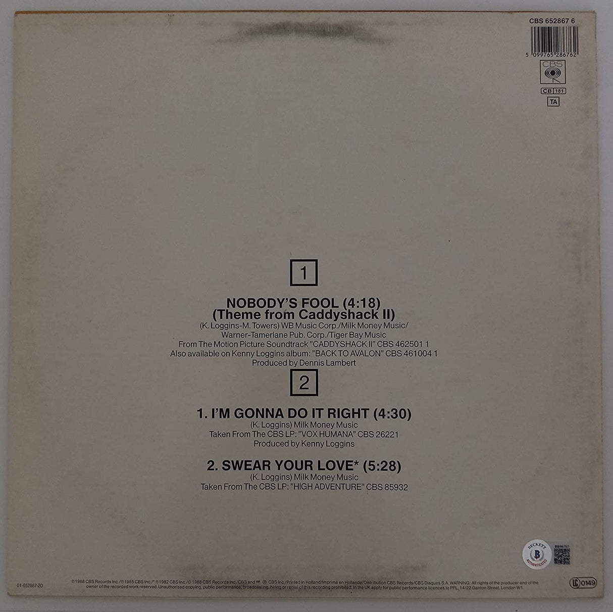 Kenny Loggins signed Caddyshack Nobody's Fool album vinyl proof Beckett COA STAR