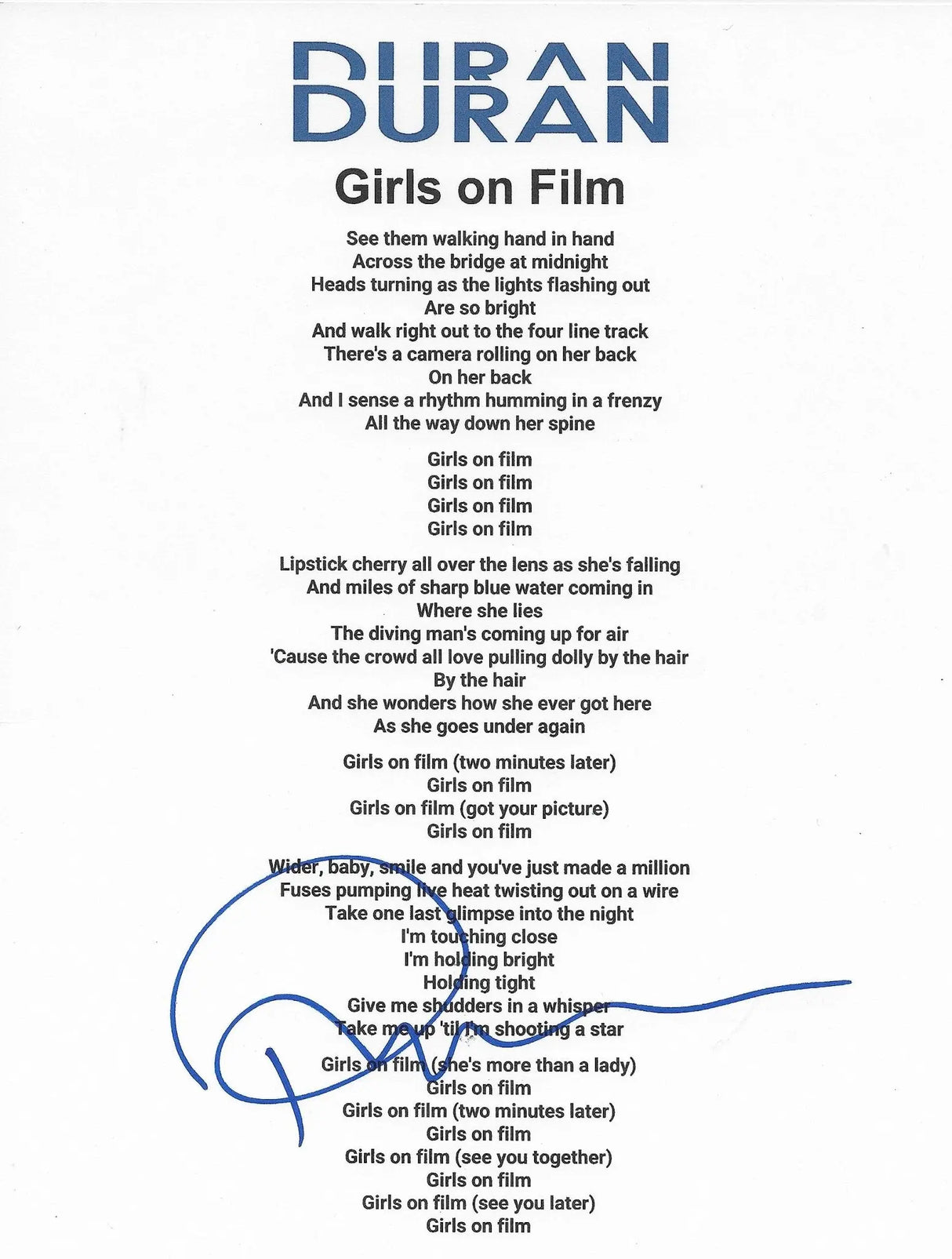 Roger Taylor drummer signed Duran Duran Girls on Film Lyrics sheet COA proof autographed STAR