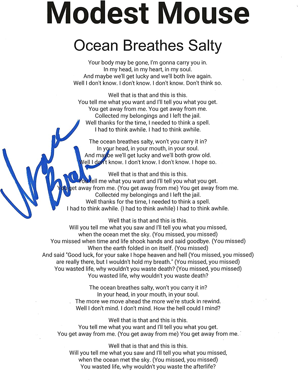 Isaac Brock signed Modest Mouse Ocean Breathes Salty Lyrics sheet COA Proof STAR