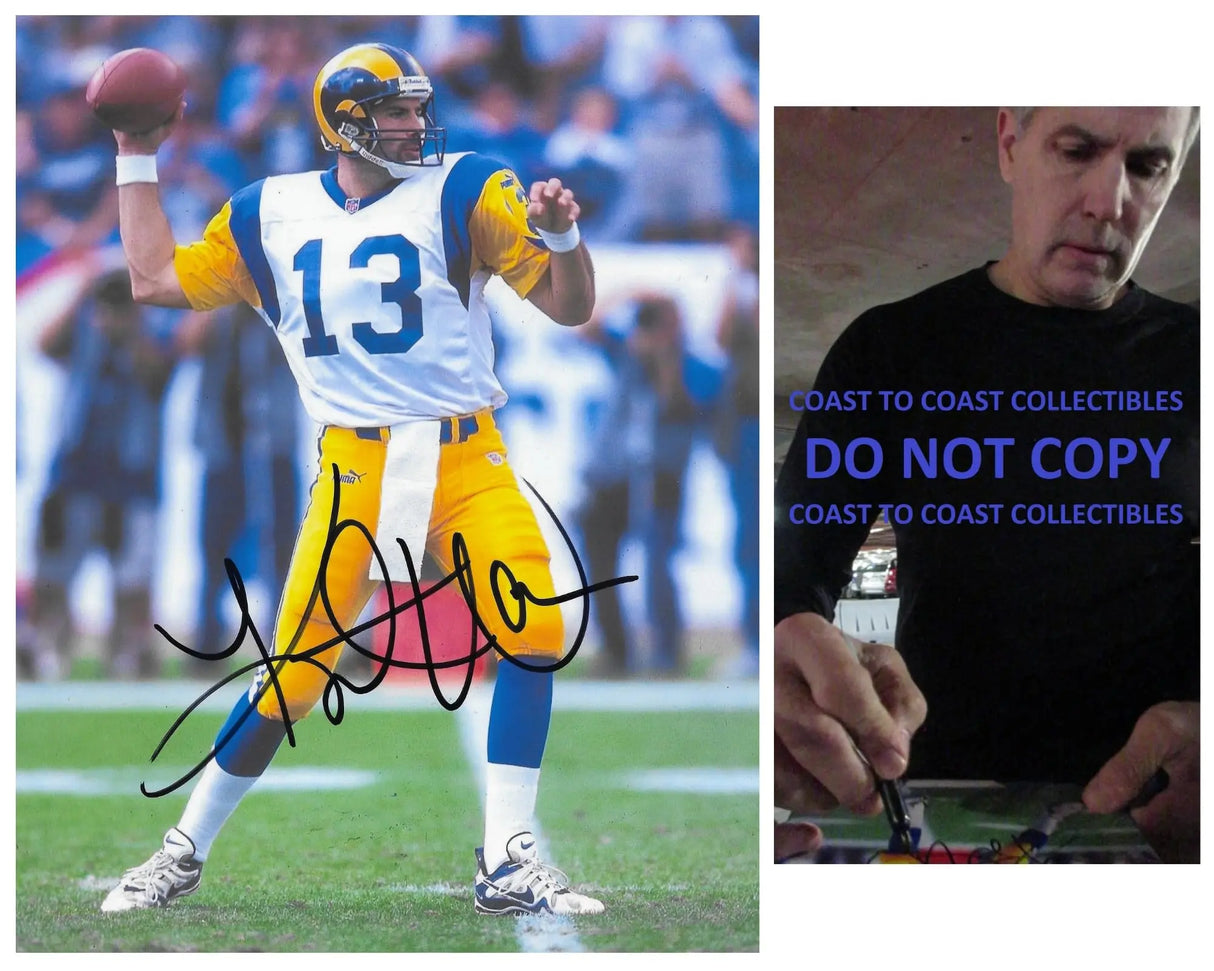 Kurt Warner signed St Louis Rams football 8x10 photo COA proof autographed.