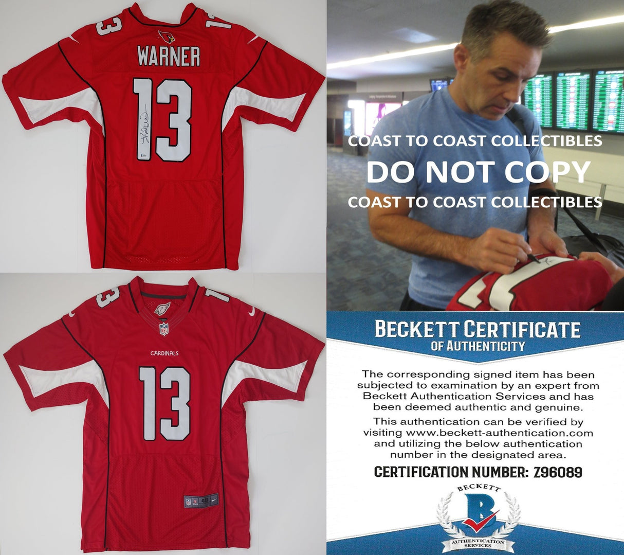 Kurt Warner signed Arizona Cardinals football Jersey proof Beckett COA autographed