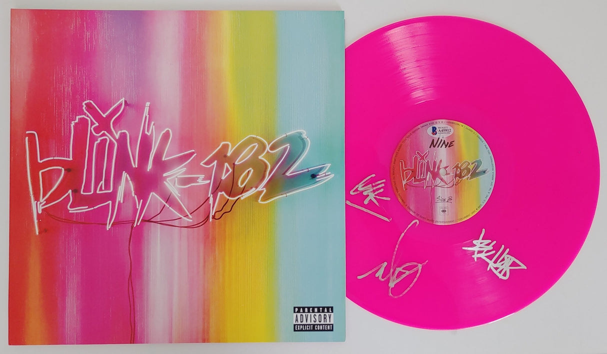 Mark Hoppus Travis Barker Matt Skiba signed Blink 182 Nine vinyl proof Beckett STAR